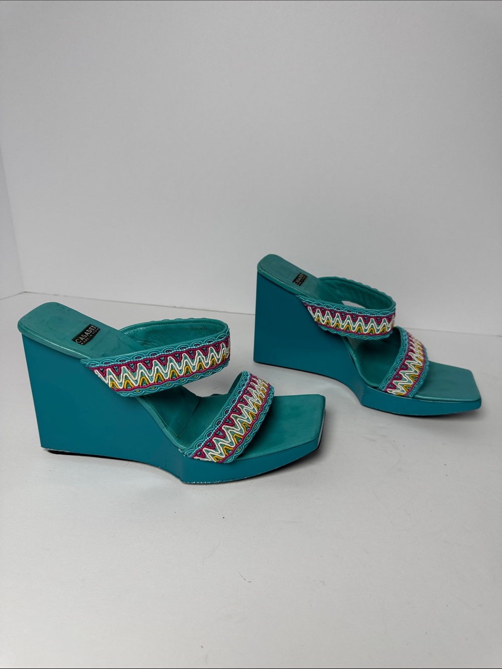 CASADEI Vintage Teal Platform Wedge Mule Sandals Embroidered Multicolor Trim 7